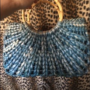 Vintage Purse Turquoise Woven with Bamboo Handles